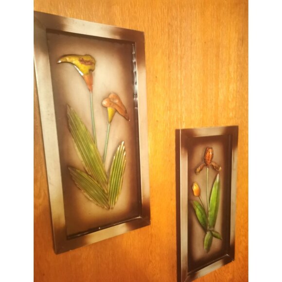 Vintage Steel Flower Wall Art - 1960s Floral Metal Art Panels - Picture 1 of 7